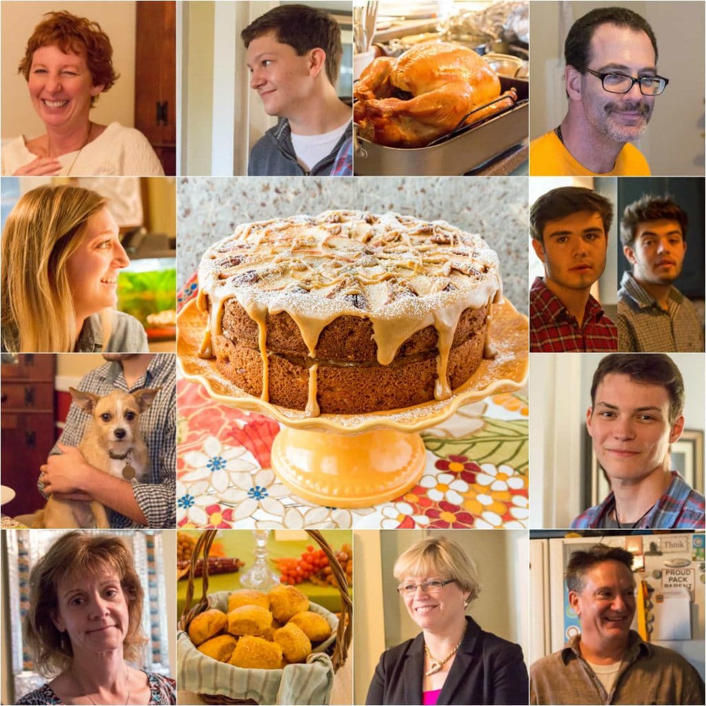 Collage of guests at thanksgiving around a picture of the spiced apple cake on a cake stand.