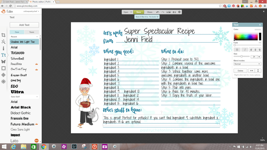 Adding the recipe ingredients and instructions to the printable card.