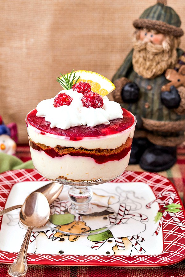 A small trifle bowl filled with layers of no-bake cheesecake, cranberry orange compote, and cookie crumbs.