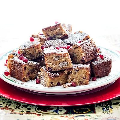 Christmas Sorghum Blondies with Pomegranate and Pecans