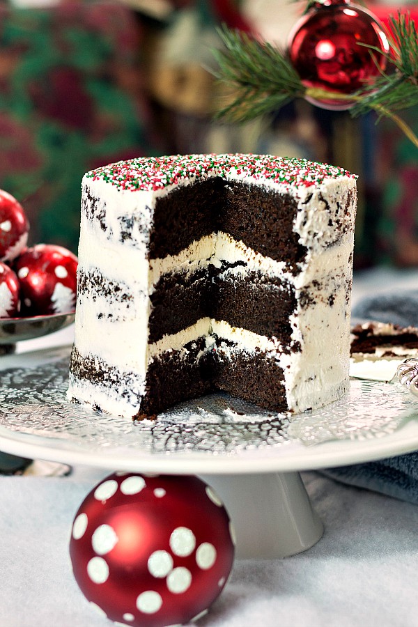chocolate vegan christmas cake on a pedestal with Christmas decorations