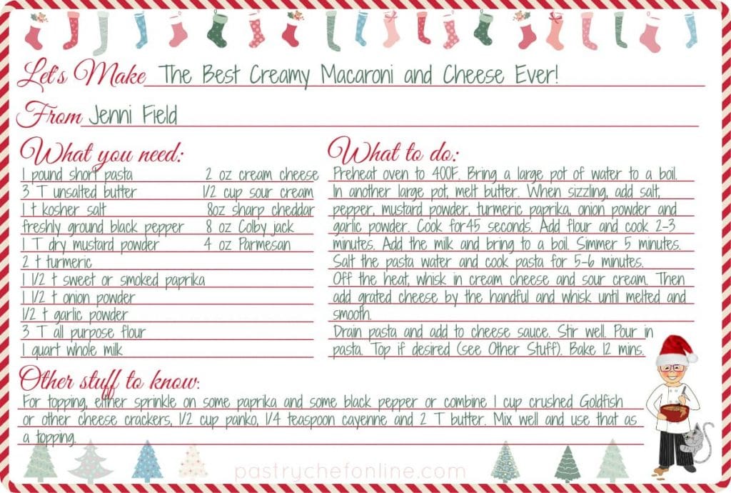 Printable recipe card with the recipe for the best creamy mac and cheese written on it.