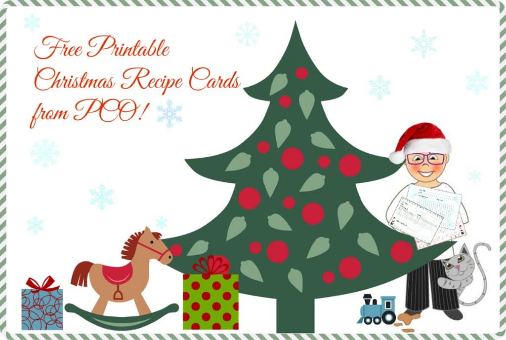 Image for printable recipe cards featuring a Christmas tree, presents and cartoon PCO wearing a Santa hat. Text reads Free printable christmas recipe cards from pco.