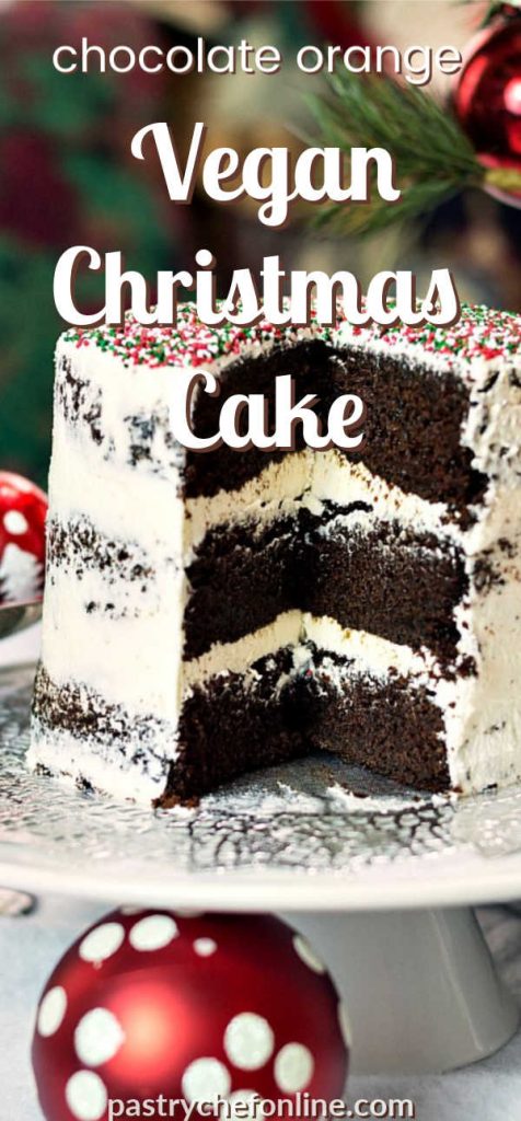 a sliced chocolate cake with white icing on a pedestal. text reads "gluten free Vegan chocolate christmas cake"