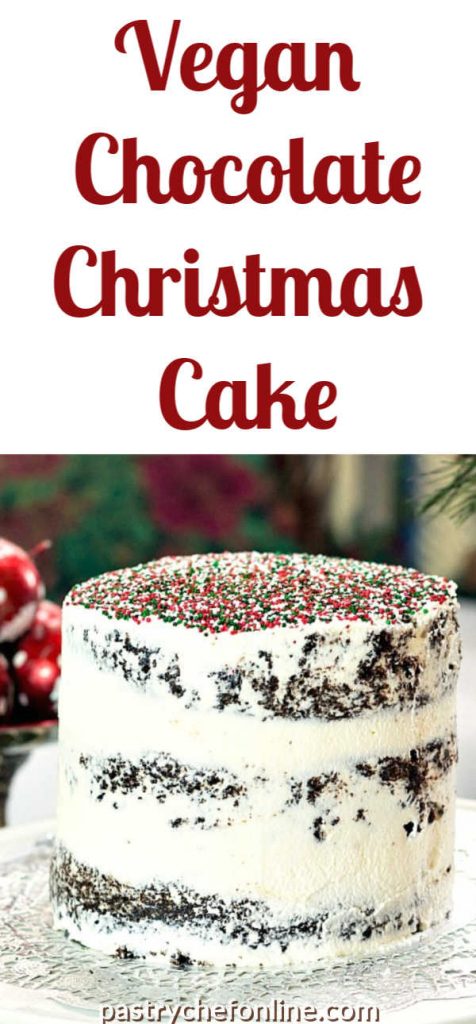 whole 6" white iced cake. text reads "vegan chocolate christmas cake"