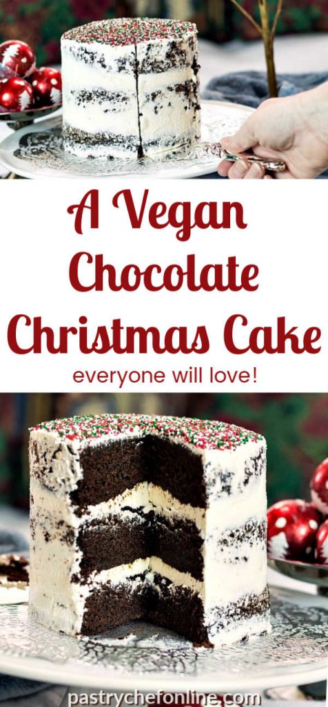 sliced 3 layer chocolate cake text reads "how to make a vegan chocolate Christmas cake everyone will love"