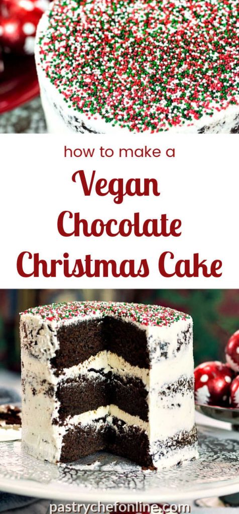 collage of 2 images, one the top of a cake covered in red, green, and white sprinkles and the other a sliced 3-layer chocolate cake. Text reads "how to make a vegan chocolate christmas cake"