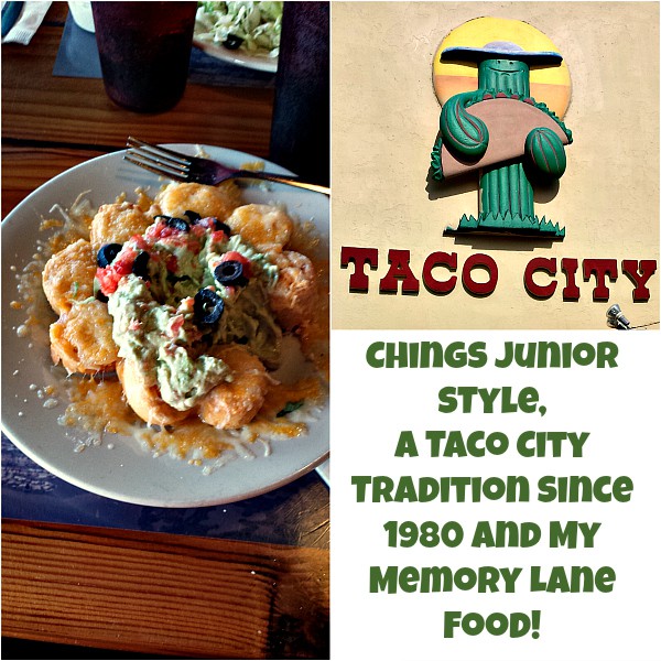  A plate of chings  and Taco City sign. 