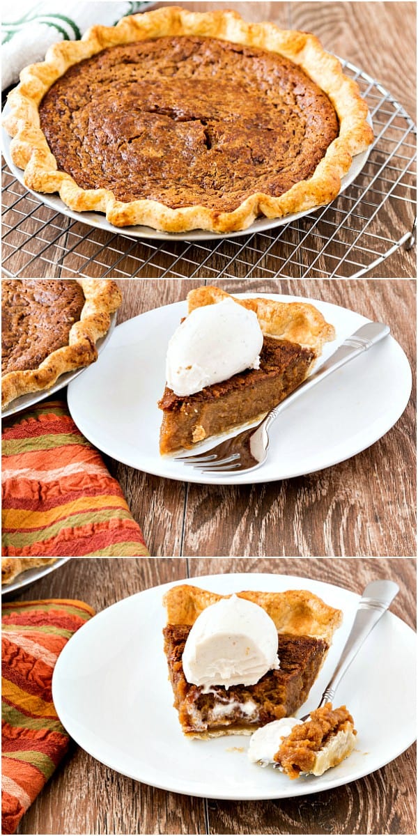 Collage of three old fashioned pie images, a whole sorghum pie, a slice of sorghum pie with ice cream on top, and a half eaten slice of pie.