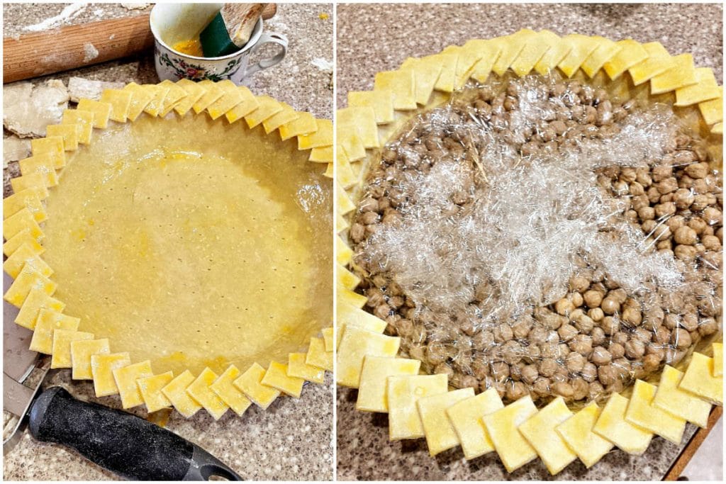 2 images showing how to make the crust treatment for an old fashioned pie.