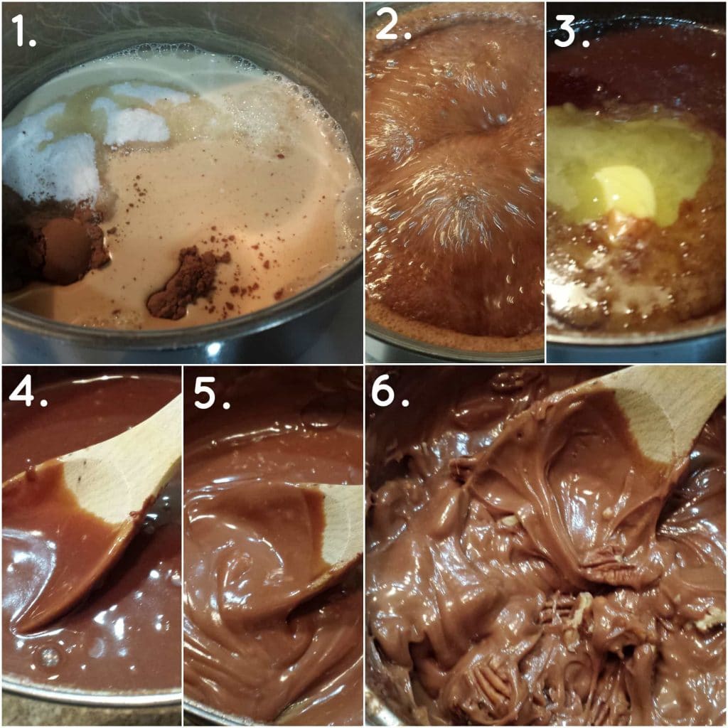 Collage of photos showing steps for making old fashioned creamy cocoa fudge.