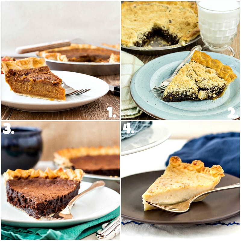 Pie collage of four old fashioned pies, a slice of sorghum pie, one of shoo fly pie, chocolate chess pie, and sugar cream pie.