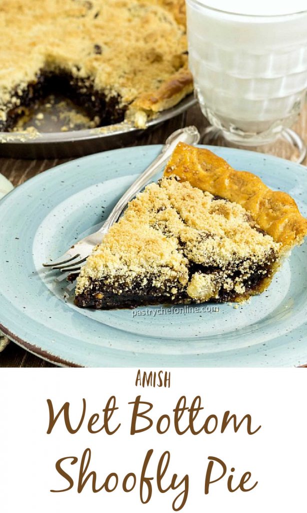 picture of shoo fly pie text reads "Amish Wet Bottom Shoofly Pie"