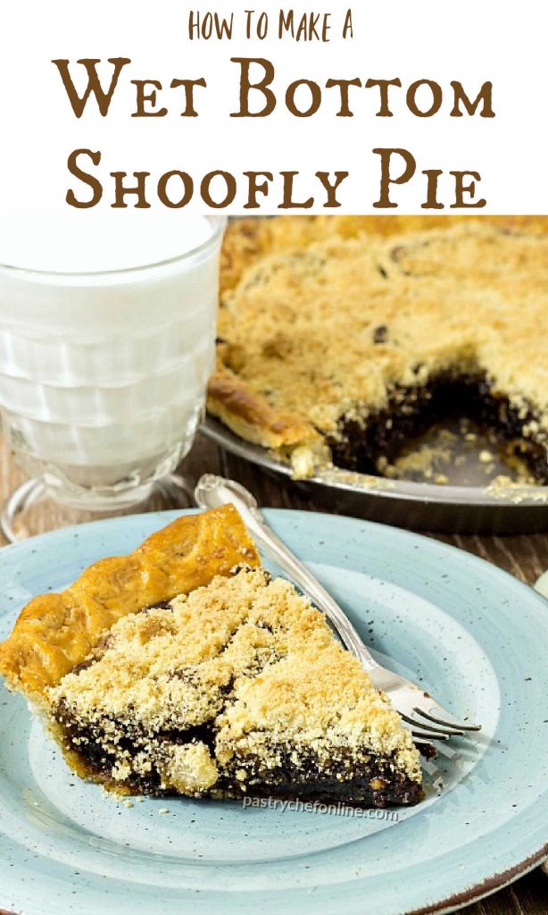 shoofly pie image text reads "Old Fashioned Wet Bottom Shoofly Pie"