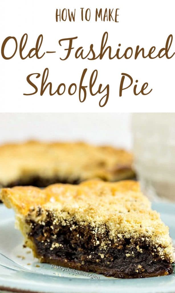 slice of shoo fly pie, text reads "how to make old-fashioned shoofly pie"