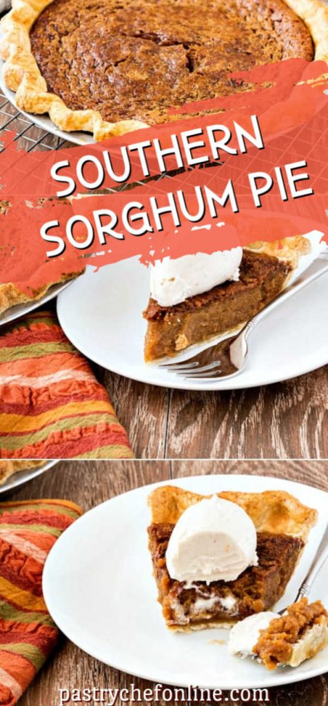 pin image for sorghum pie with 3 images of the pie, whole and cut