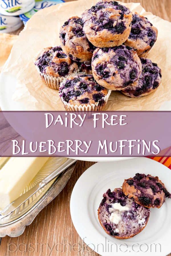 dairy free blueberry muffins with a split muffin on a white plate. Text reads "Dairy free blueberry muffins"