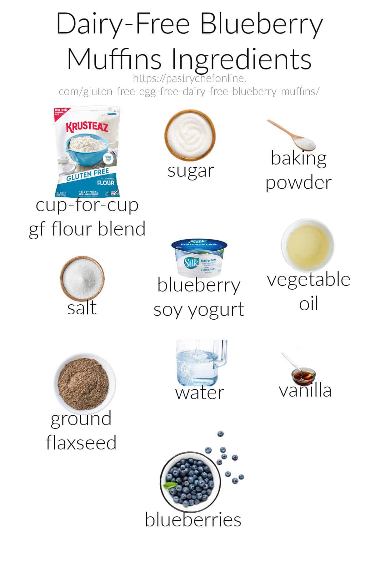 Images of all the ingredients to make dairy free blueberry muffins, labeled and photographed on a white background.