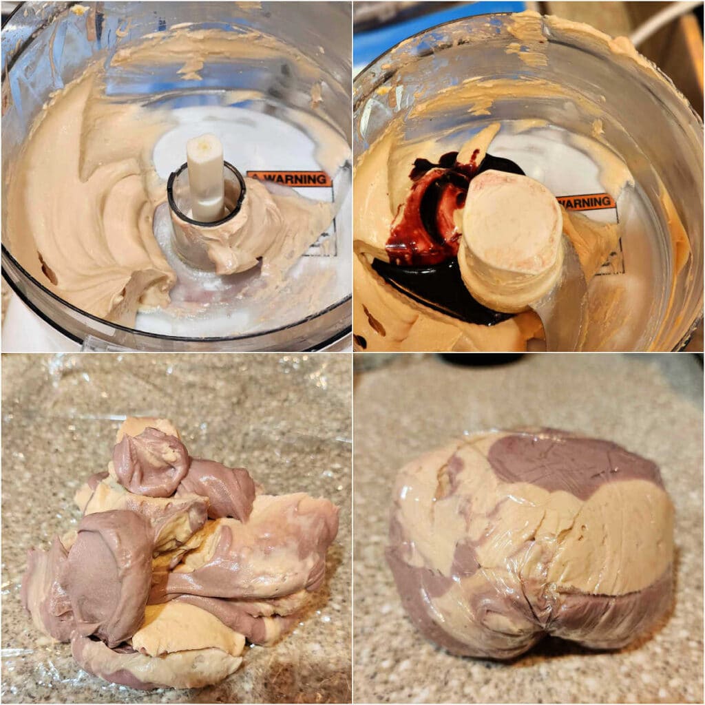 A collage of 4 images: 1)Looking into the bowl of a food processor with processed cheese spread in it. 2/3 has been removed. 2)Port wine reduction added to the cheese spread. 3)Blops of orange and purple cheese spread mounded onto plastic wrap. 4)Plastic wrap pulled up and twisted around the cheese spread forming a ball.