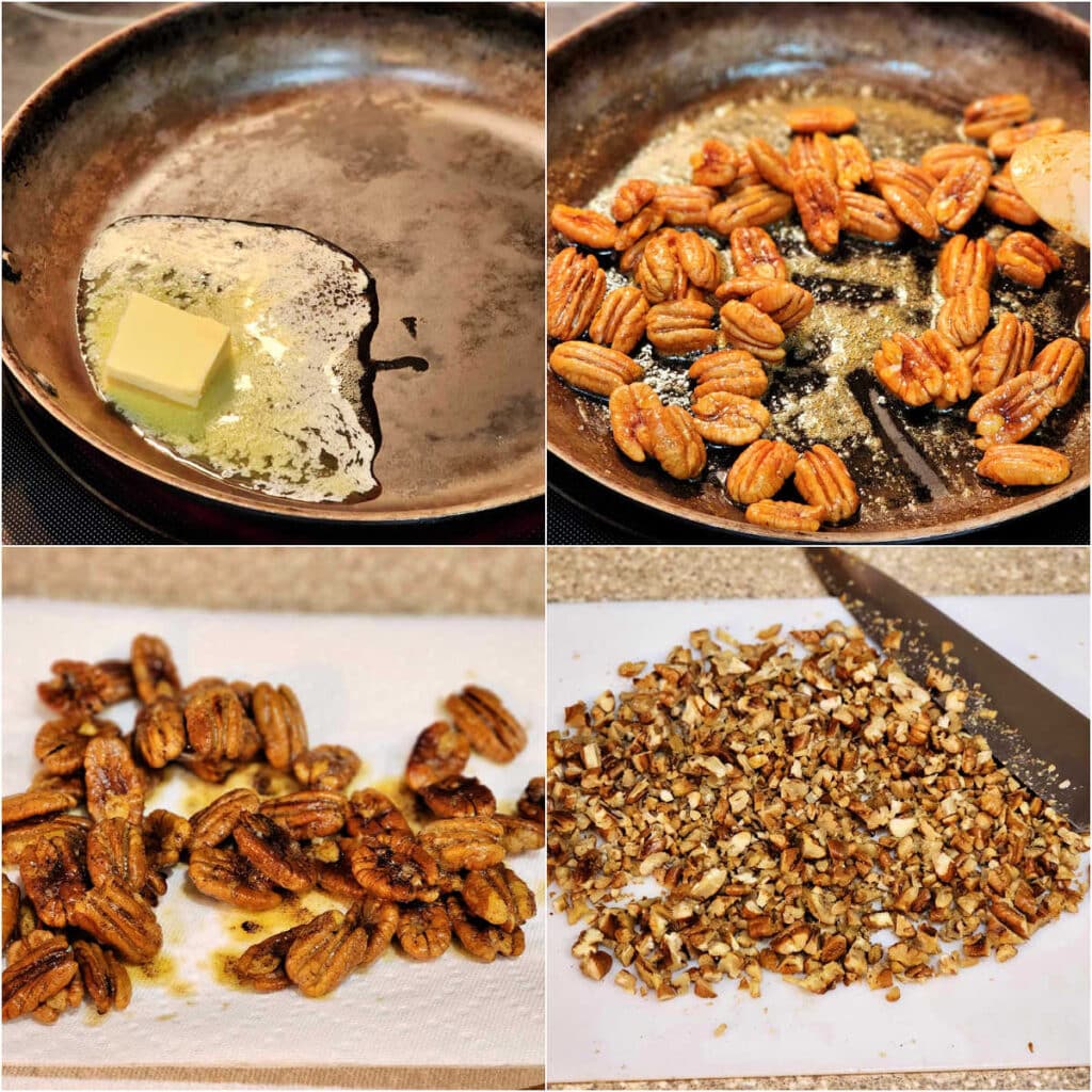 A collage of 4 images: 1)Butter melting in a skillet. 2)Nuts being stirred around in melted butter in a pan with a silicone spatula. 3)The cooked pecans cooling on a paper towel. 4)Finely chopped pecans on a white cutting board with a chef knife next to them.