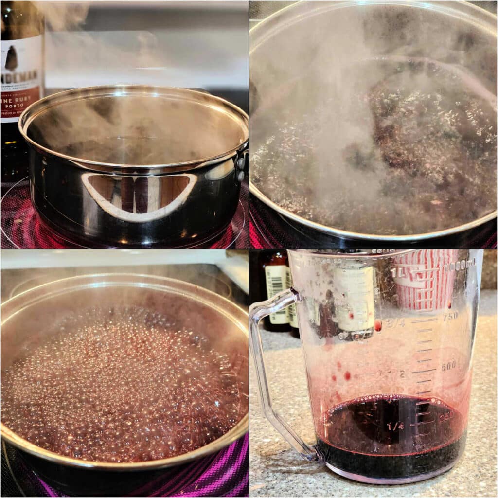 A collage of 4 images. 1)A saucepan of port and a bottle of port. 2)Port coming to a boil in the pan. 3)Port reduced to a syrup and bubbling all over in the pan. 4)A clear liquid measuring cup showing the port wine reduction in it between 1/4-1/2 cup.