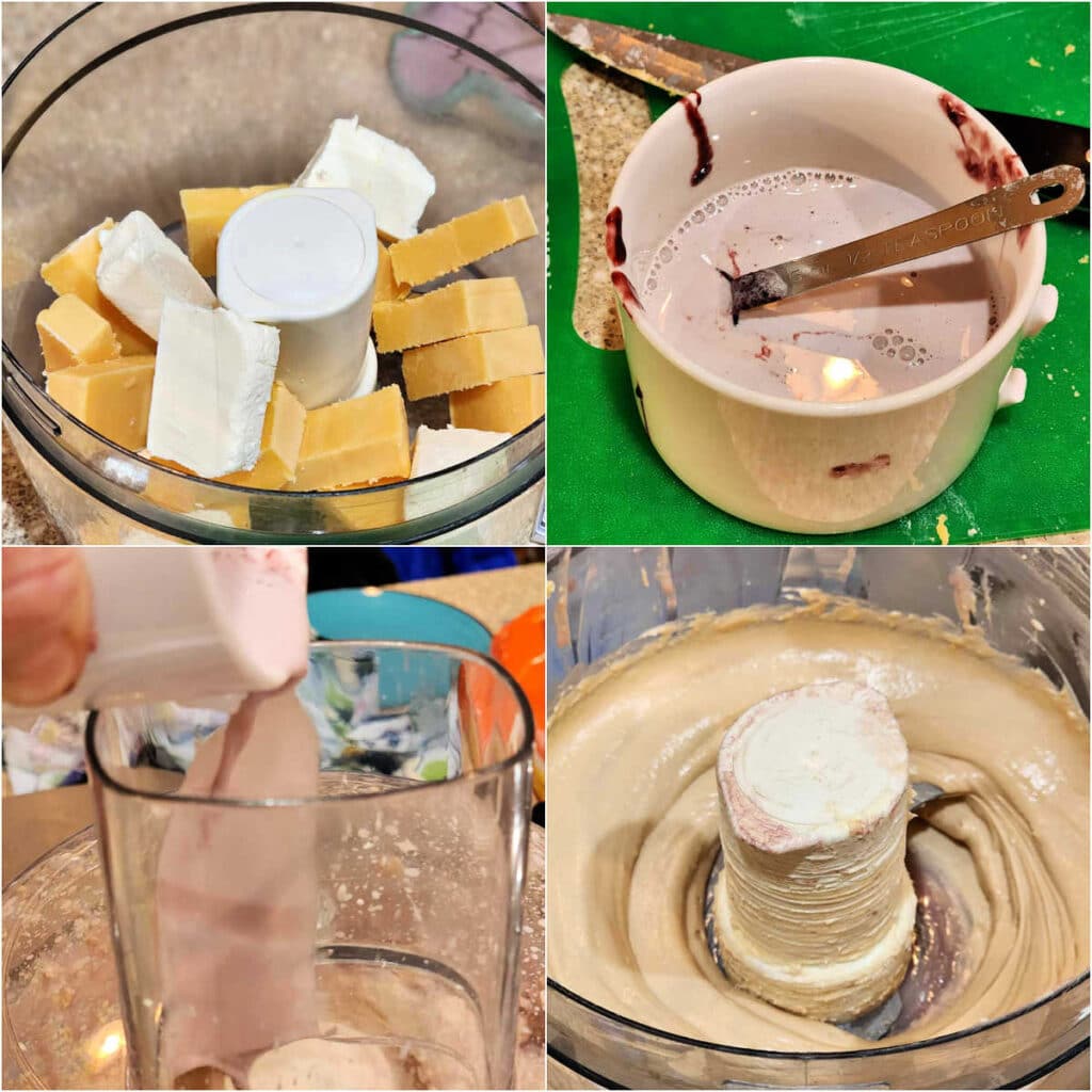 A collage of 4 images: 1)Cubes of orange cheddar and white cream cheese in the bowl of a food processor. 2)A small white muge with purplish liquid in it. It's a mixture of half & half, port reduction, and salt. 3)Pouring the half & half mixture through the feed tube of the food processor into the processing cheese. 4)Smoothly-processed cheese in the bowl of a food processor.