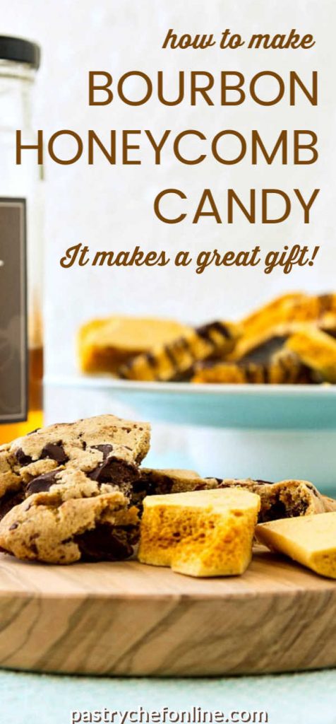 honeycomb candy and cookies on a wooden board text reads "how to make bourbon honeycomb candy it makes a great gift"