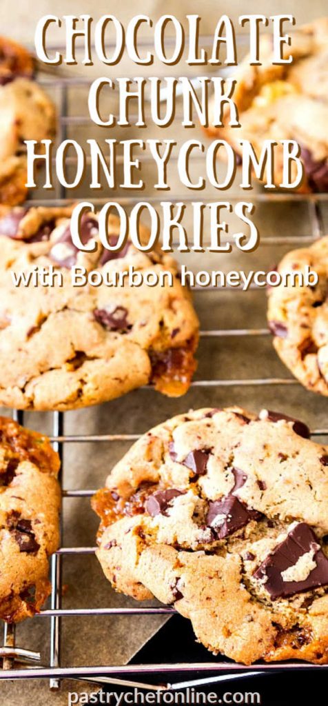 vertical image of close up of chocolate chip bourbon honeycomb cookies text reads "chocolate chunk bourbon honeycomb cookies"