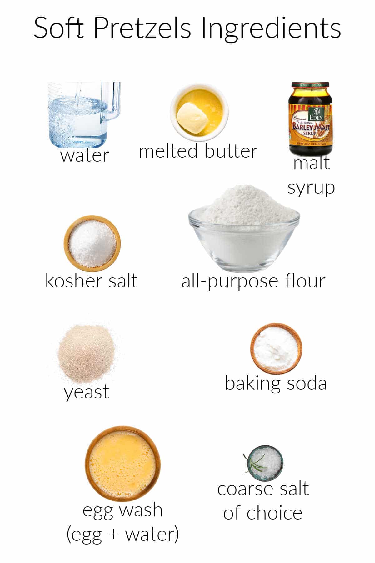 A collage of ingredients for making pretzels: water, butter, malt syrup, salt, flour, yeast, baking soda, egg wash and finishing salt.