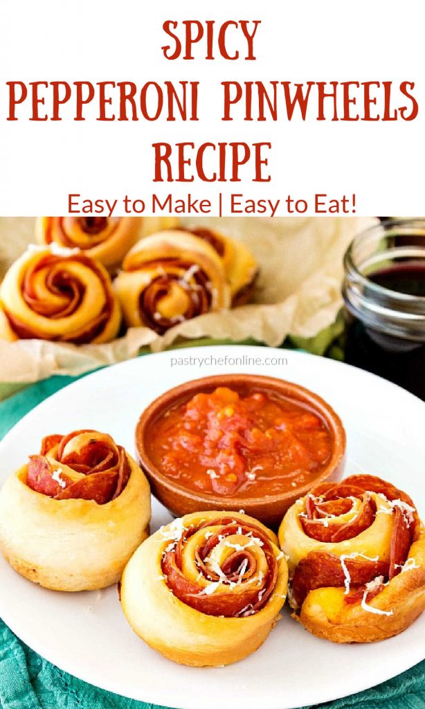 pepperoni pinwheels on a white plate text reads "spicy pepperoni pinwheels reicpe easy to make, easy to eat"