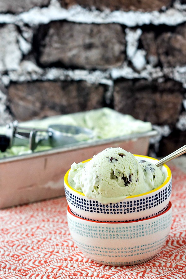 Bowl of mint chip ice cream with full container behind shot against a brick wall background.