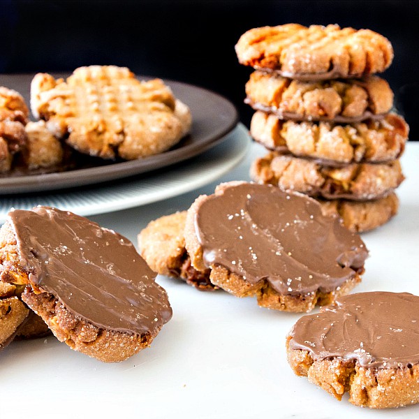 Stacks of black bottom triple peanut butter cookies.