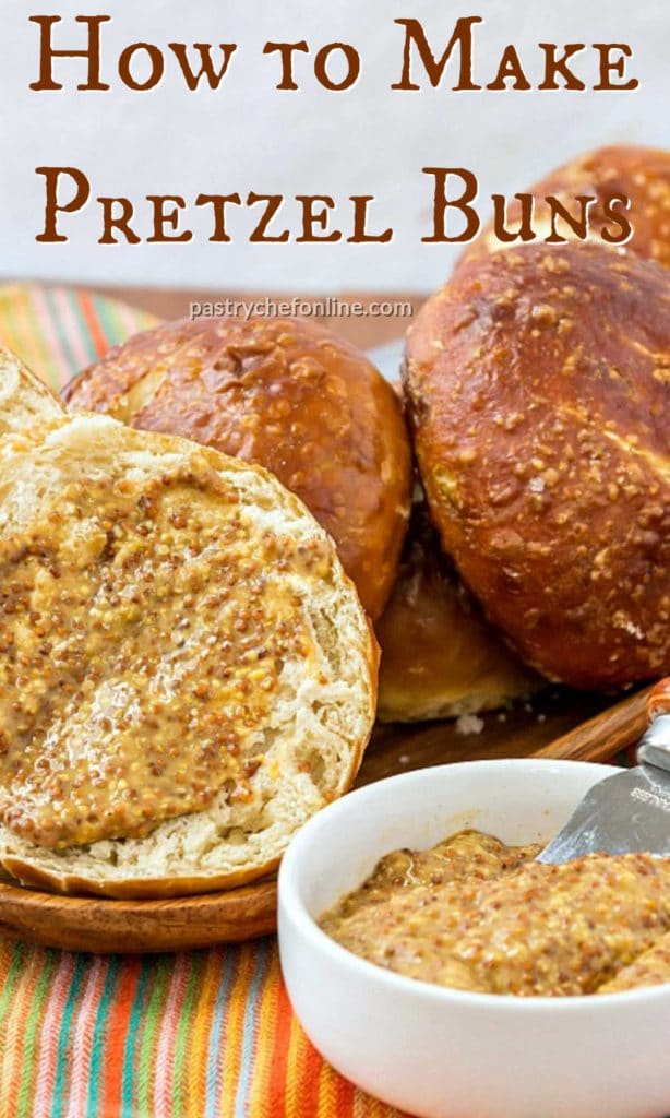 pretzel bun with mustard text reads "how to make pretzel buns"