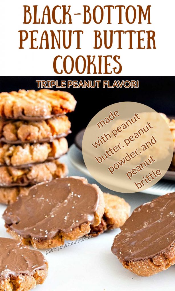 peanut butter cookies turned upside down so you can see the chocolate spread on their backs. Text reads "black-bottom peanut butter cookies. Triple peanut flavor. Made with peanut butter, peanut powder, and peanut brittle"