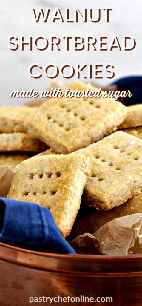 close up of walnut shortbread cookies text reads "walnut shortbread cookies made with toasted sugar"