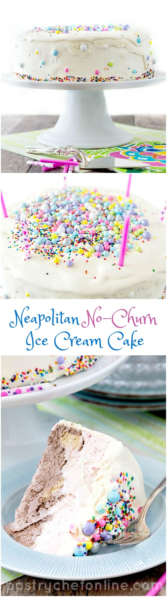 Collage of photos of Neapolitan ice cream cake.