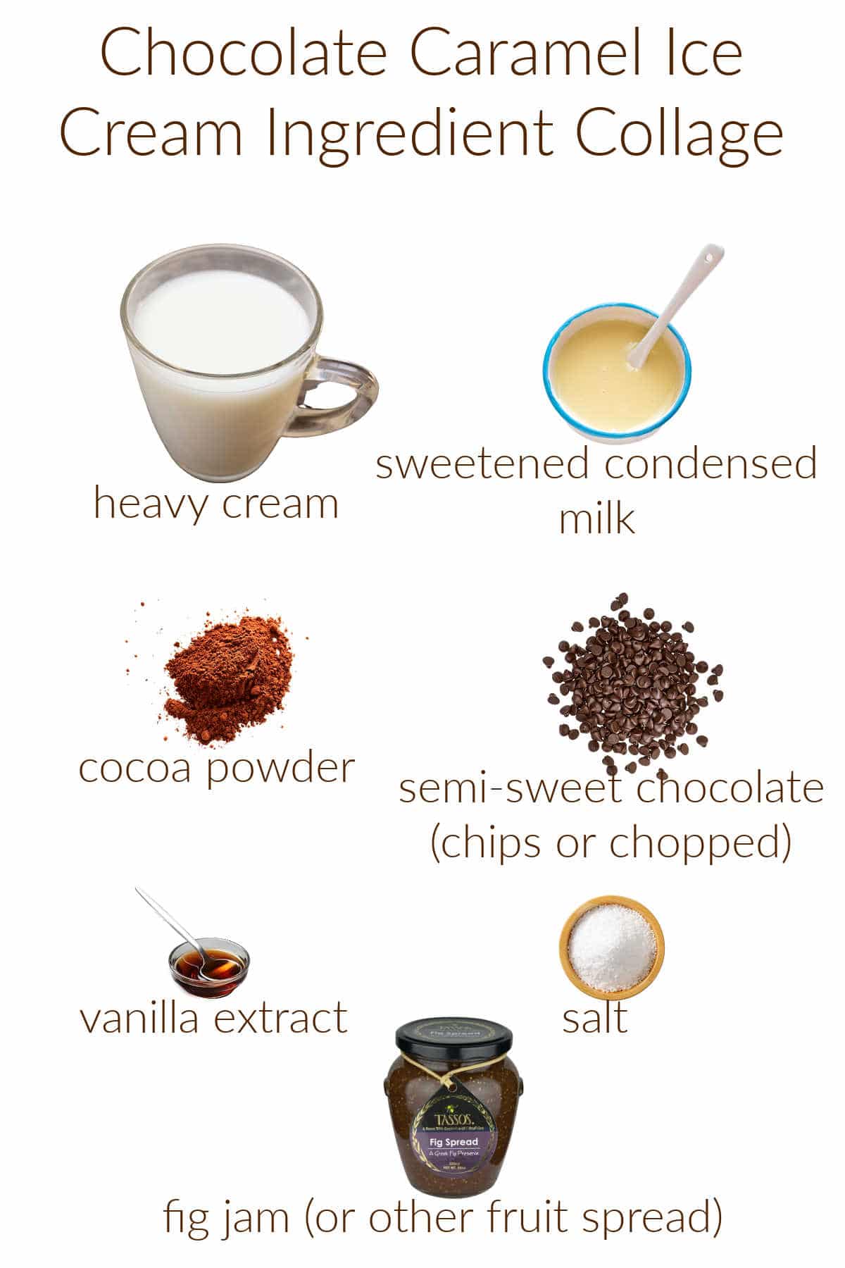 Collage of ingredients for making no-churn chocolate-caramel ice cream.