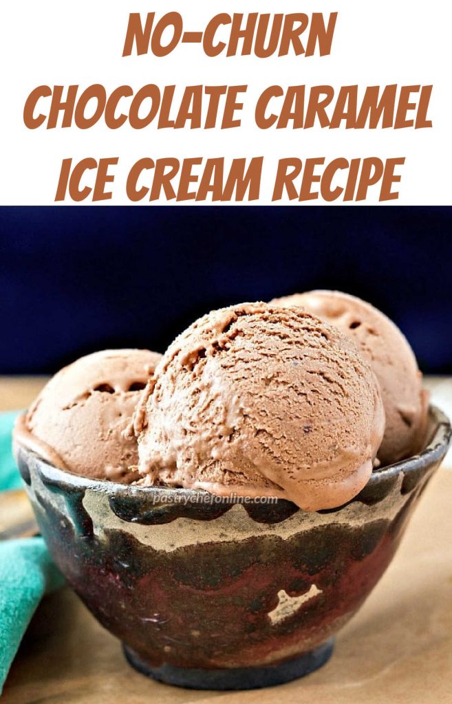 A bowl of chocolate ice cream. Text reads, "No-churn chocolate caramel ice cream recipe."