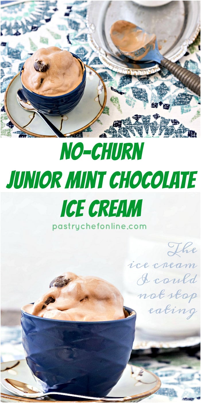 A bowl of  Junior Mint Chocolate Ice Cream next to an ice cream scoop, resting on a silvery platter. Text reads: "No-churn Junior Mint Chocolate Ice cream"