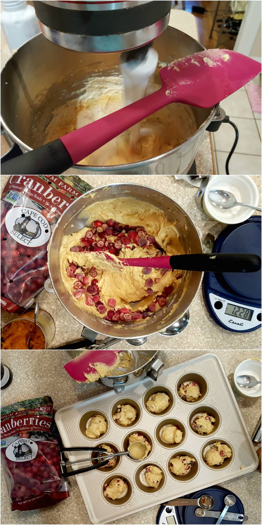 Collage of three images: mixing bater in a mixing bowl, chopped cranberries in the bowl of pumpkin batter, and batter portioned out into the muffin tins.