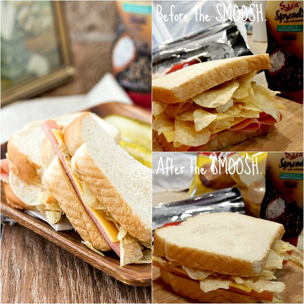 Collage of 3 images of a bologna and cheese, one showing potato chips piled on the sandwich, another after you smush the chips down, and a third with the sandwich cut on a plate.