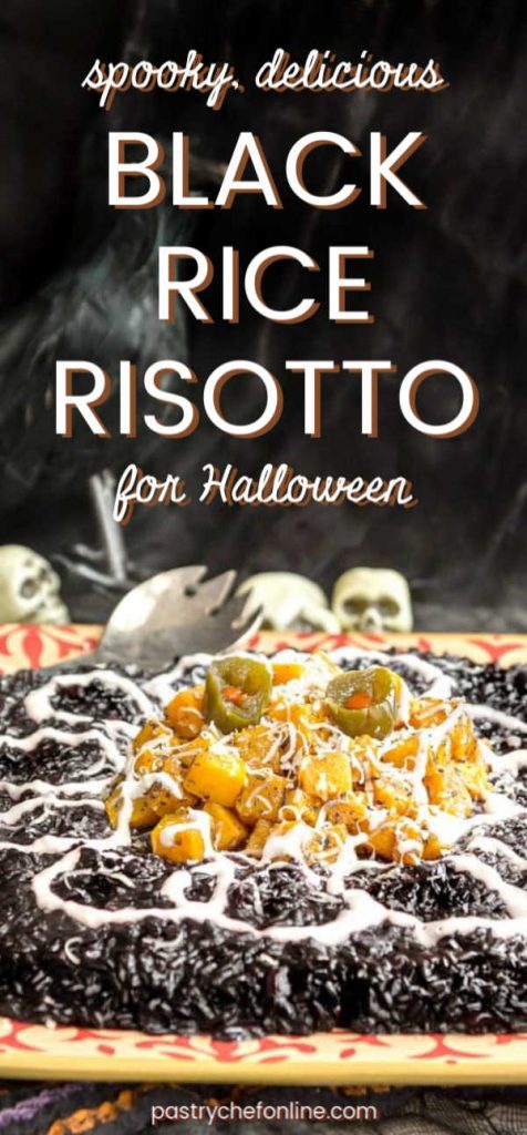 pin image for black rice risotto with text "spooky delicious black rice risotto for Halloween"