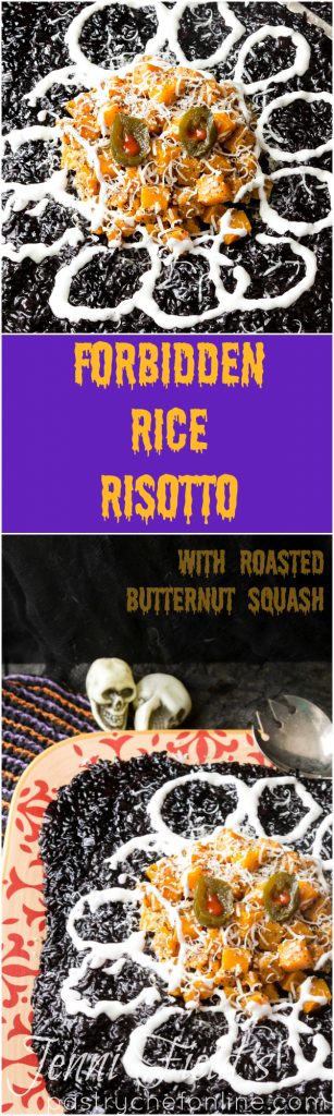 A long pin image with two images of black rice risotto divided by text reading "forbidden rice risotto".