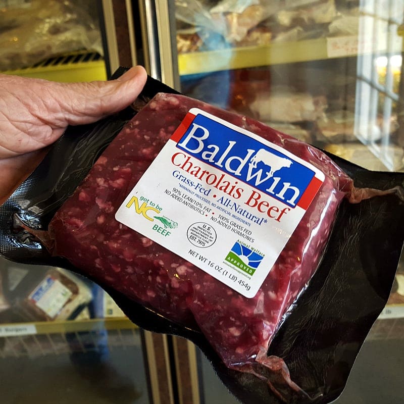 A package of Baldwin Charolais ground Beef: grass-fed, #gottobenc, Animal Welfare approved, naturally lean and Halal processed.