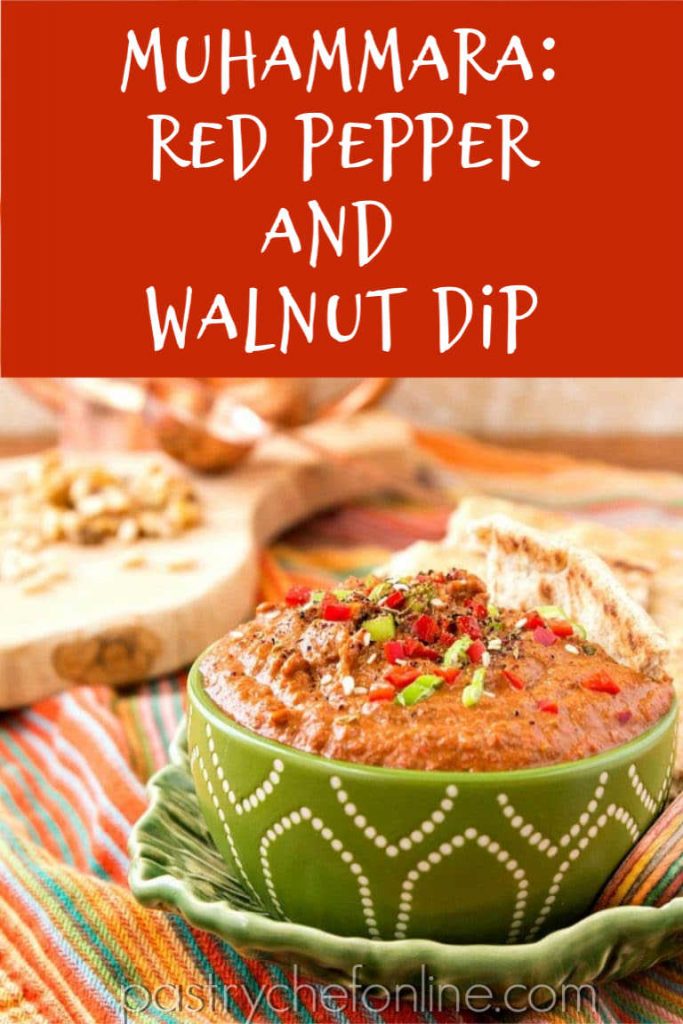 pin image showing muhammara in a green bowl. text reads Muhammara: red pepper and walnut dip