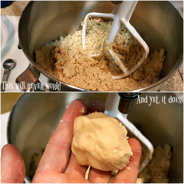 Collage of 2 images showing the dough for ghoriba bahla. Text on the first photo of crumbly dough in a mixing bowl says, "This will never work!" and the next picture of dough that is in a ball says, "And yet it does!".