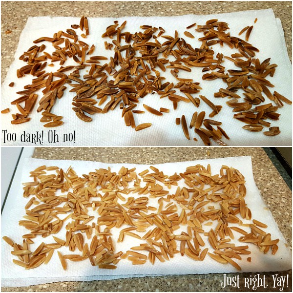 Collage of 2 images of fried slivered almonds. The first batch is too dark. Text reads: "Too dark! Oh No!" and the second is a nice golden brown with text reading, "Just right. Yay!". 