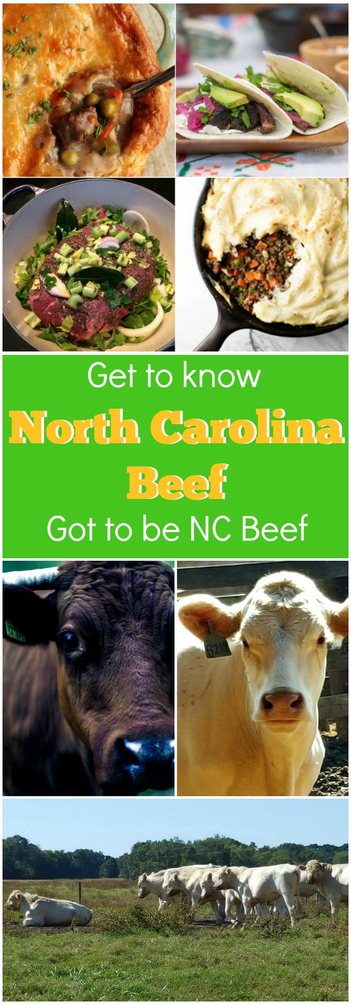 Collage of recipe and cow photos with text reading, "Get to know North Carolina Beach, Got to be NC Beef".