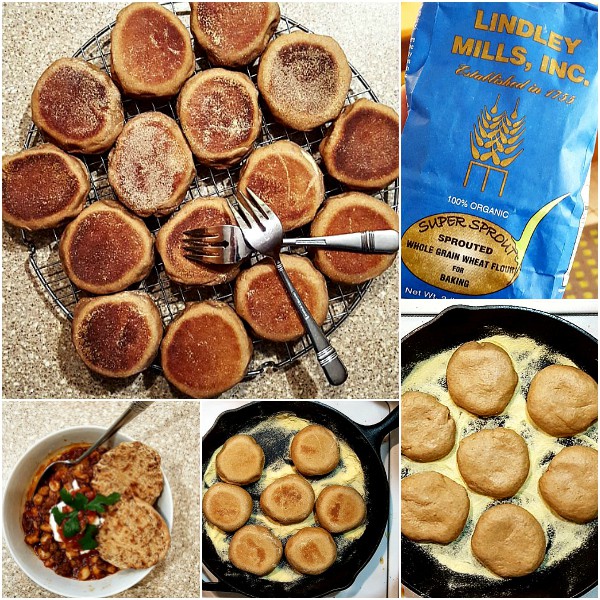Collage of images showing baked English muffins, a bag of sprouted whole wheat flour, English muffins baking over low heat in a semolina-dusted skillet, and a bowl of pinto beans with a split and toasted English muffin.