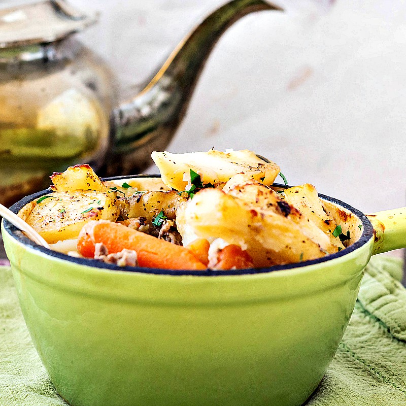 Close up of Ballymaloe Irish Stew showing carrots and potatoes in the bowl.